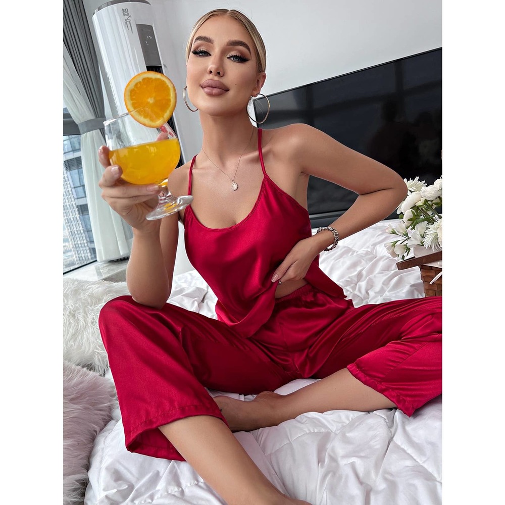 2 piece pajama set: Crisscross Backless Satin Cami Top & Pants PJ Set red - Picture 3 of 6